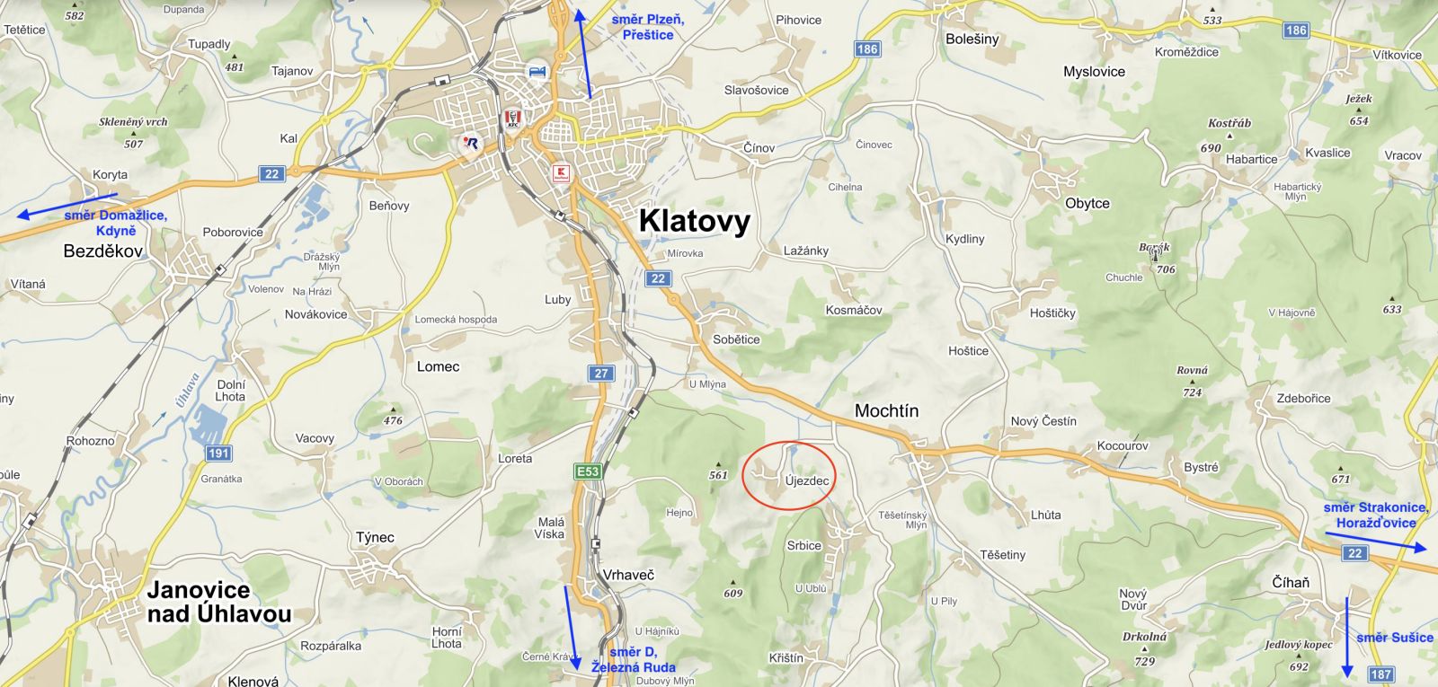 Mapa Újezdec u Klatov